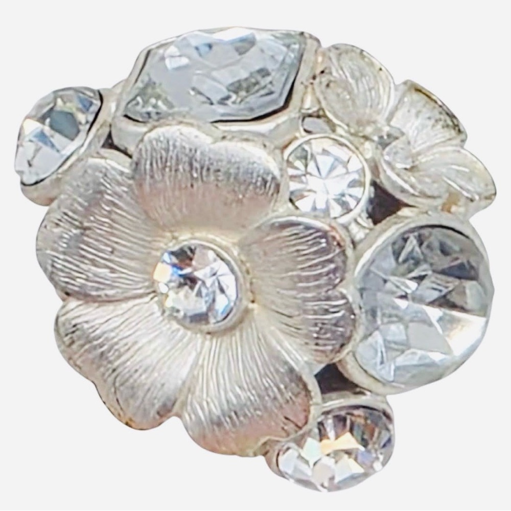 Vintage Inspired Floral Rhinestone Cluster Statement Ring Silver Tone Adjustable